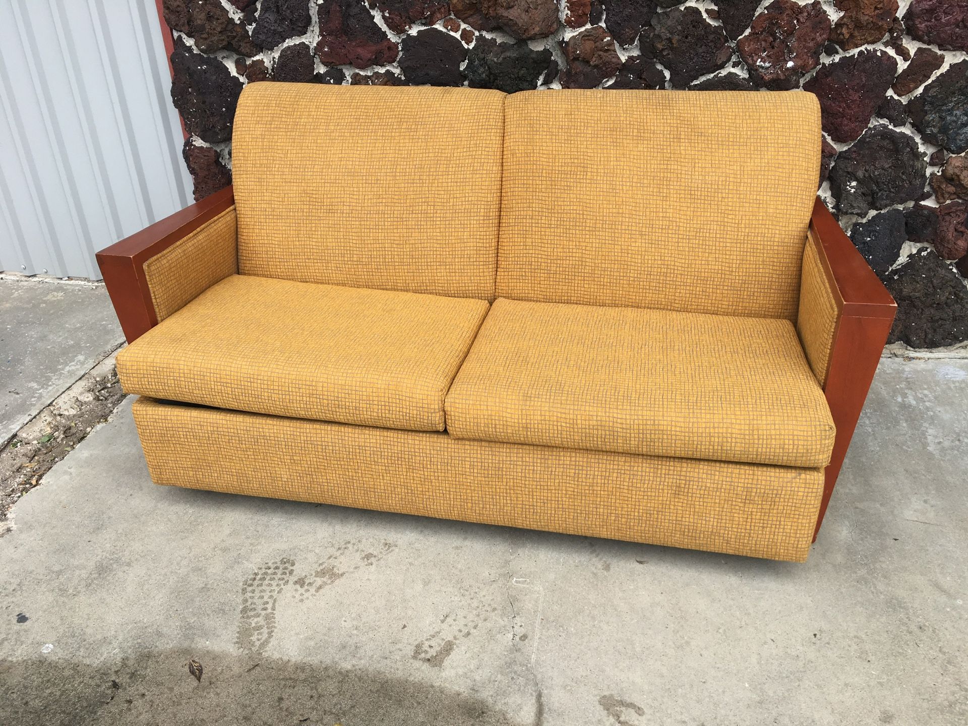 Gold sleeper sofa w/ wood arms