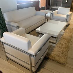 Sofa Set White Modern 3 Pc  Chrome 