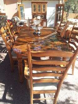 7 pice Oak Dining set , plus two corner cabinets with light & China cabinet