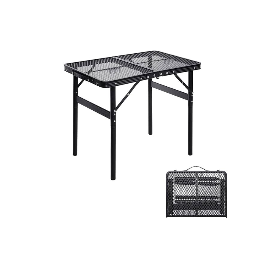 Small Folding Table 2FT Grill Table Foldable Camping Table Picnic Portable Mesh 2 Height Adjustable Outdoor Beach BBQ Black 23.6×15.7 inch