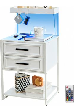 Tall Nightstand with Charging Station, White Night Stand with Drawers, End Tables Bedroom with Led Lights