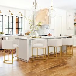 LUE BONA Beige/Golden 27-in H Counter height Upholstered Metal Bar Stool 4