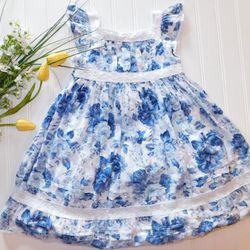 Laura Ashley Girls Dress size 3T Blue & White Toile 