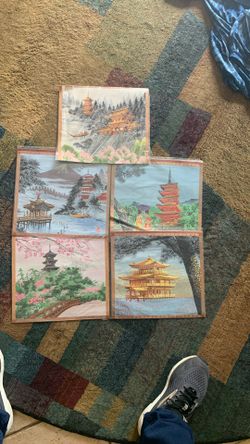 5 X Japanese Silk Embroidery Scenes