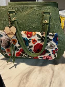 Green Embossed Handbag with Floral Fabric Panel