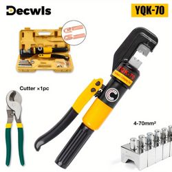 Manual Hydraulic Crimping Pliers 10-in-1 Set, 4-70mm² Hexagonal Dies, with Wire Stripper & Tool Box, Chrome Adjustable Oil Return Valve, for Battery C