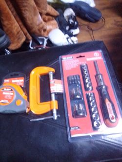 Screw driver set. 5inch c clamp, measure tape