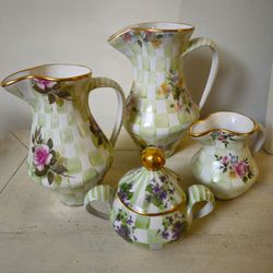 Mackenzie-Childs 
Honeymoon Sweet Pea
4 pieces. 10"pitcher 8"pitcher
Sugar bowl and Creamer