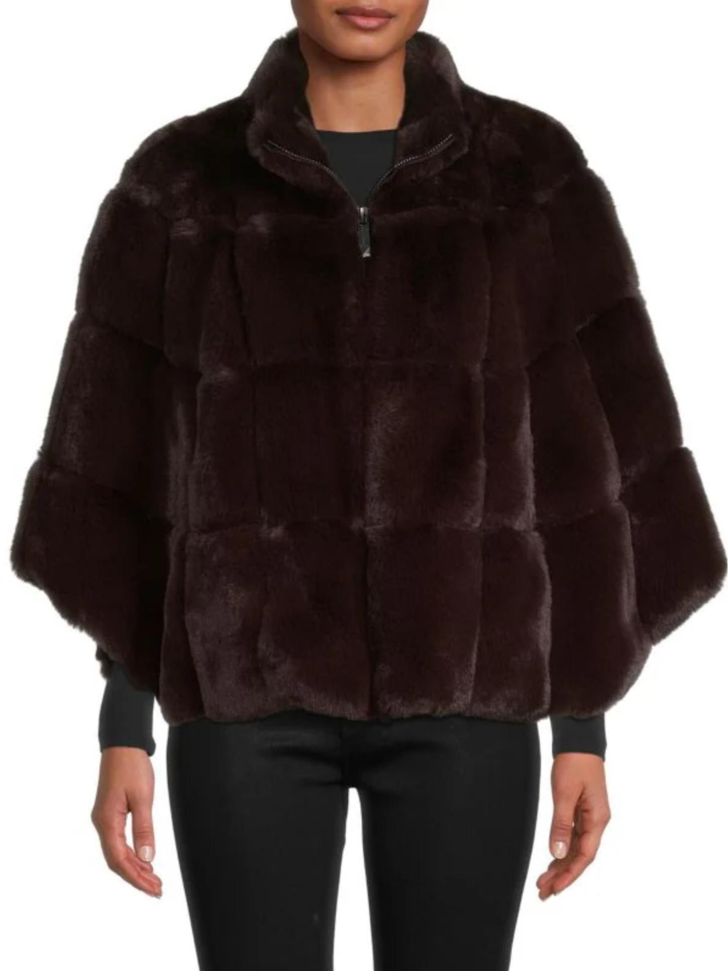 Belle Fare Faux Fur Quiltid Zip Up Poncho