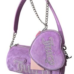 Juicy Couture String Of Pearls Roll Bag Barrel & Heart Wristlet Violet Tulle