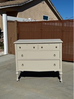 Painted Distressed Farmhouse Ivory White Solid Wood Wheeled 4 Drawer Dresser