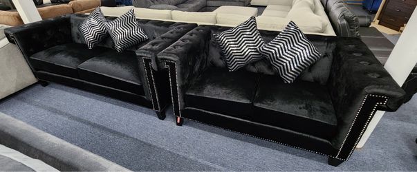 Black Luxurious Velvet Tuft Loveseat and Sofa  - Same Day Delivery 🚚 No Credit Needed💰