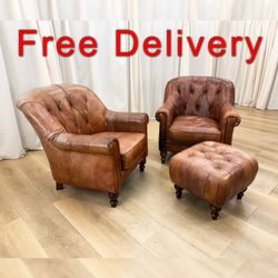 King Hickory Pair Tufted Leather Chairs With Ottoman Free Delivery