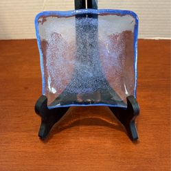 Fused Art Glass, Blue Trinket Dish With White Speckles 5 In.² B14