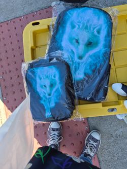 Wolf Graphic Backpack and Lunch Bag Set with a white wolf on both new