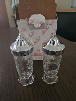 Crystal Fantasia Etched Glass Salt and Pepper Shakers with Silver Tone Lids