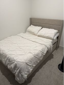 Allewie Full Size Lift Up Storage Bed Frame Wingback – Like New, Beige