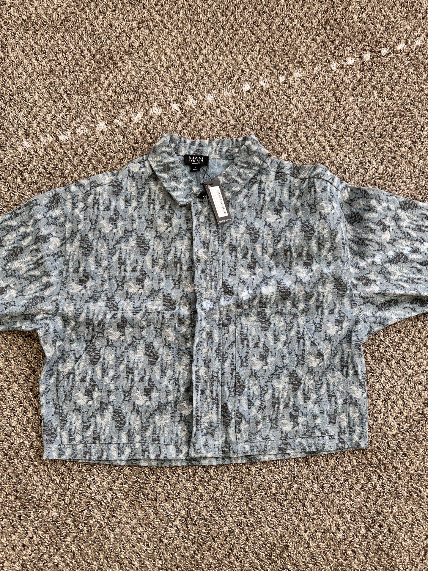 Boxy Fit Fabric Interest Distressed Denim Jacket (new) sz: small