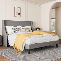 Queen Size with Upholstered Headboard – Sleek Wingback Design, Reinforced Wood Slat Support, Light Grey