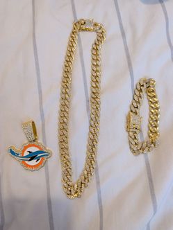 Miami Dolphins Iced Out Cuban Link Chain Set