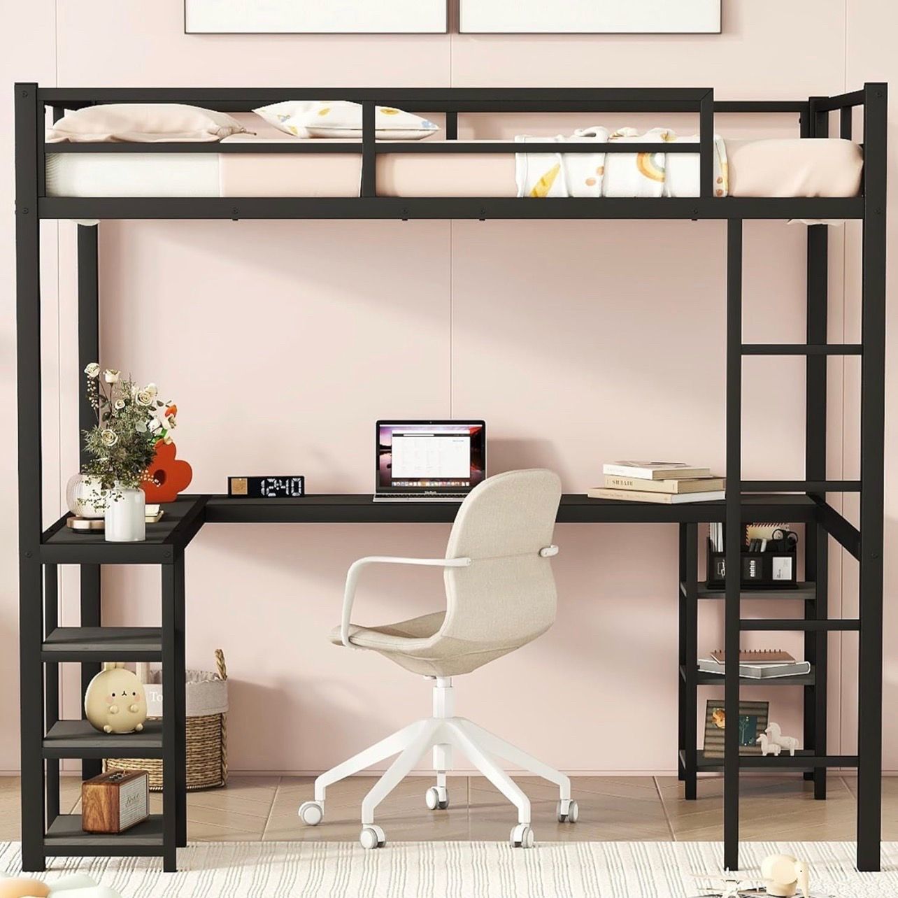 Loft bed with desk and storage