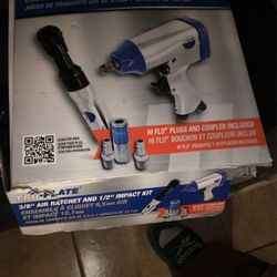Hi Flo Half Inch Impact Gun And 3/8 Air Ratchet Set With High flow Couplings