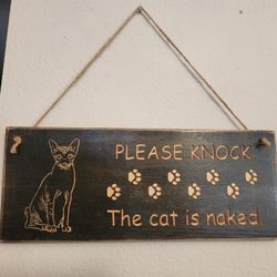 Unique Hand Crafted Carved Solid Maple Wood Sphynx Hairless Cat Fun Hanging Sign - Brand New