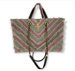 CHANEL Cruise Collection Large Chevron Cuba Totr Purse Canvas Patchwork Shopping Bag