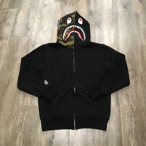 BAPE Shark Full Zip Hoodie Camo Hood 'Black Size Large