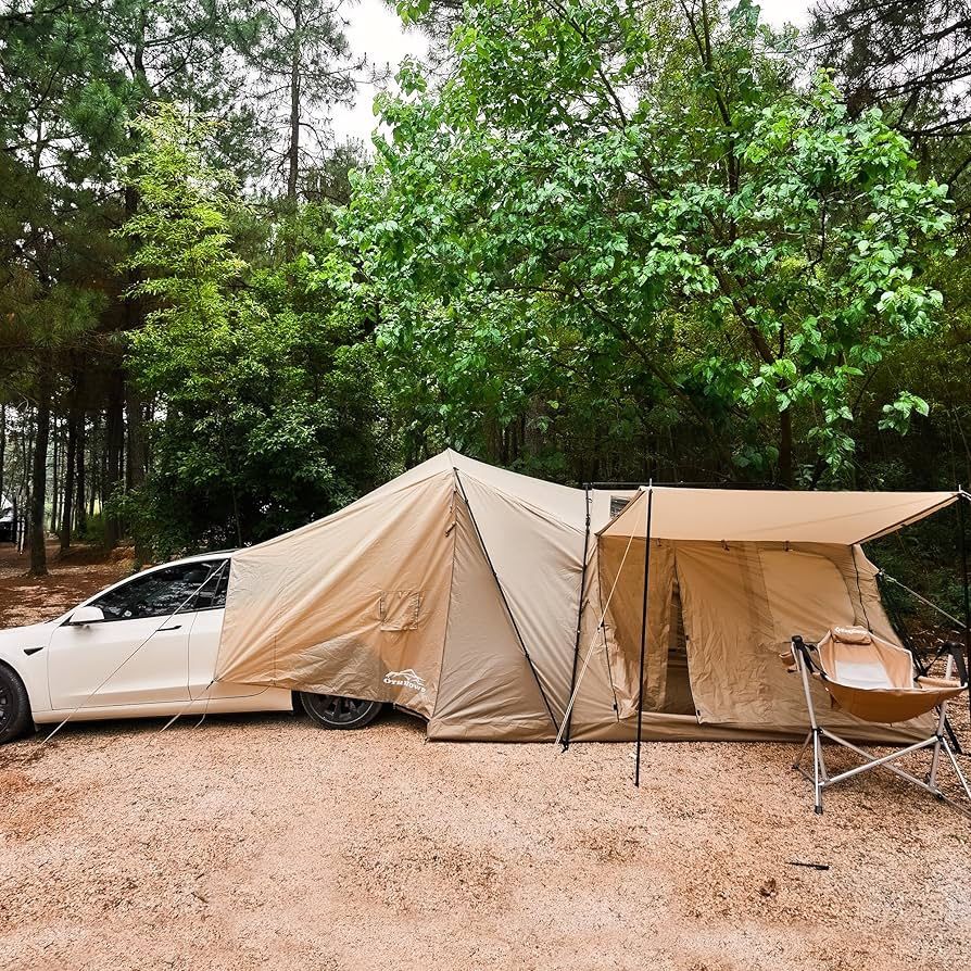 Tesla Model 3&Y, Pop-Up SUV Tent w. Awning for Car Camping, Connects to Tesla Tailgate for Air-Conditioning, Sleeps 6 Adults, 10'x8.2'