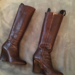 Tory Burch Brown Leather Wedge High Boot 