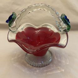 Vintage Hand Blown Art Glass Red/Clear Basket With Flowers and Leafs
