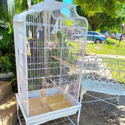 Beautiful Metal Bird Cage w/ Accessories & on Locking Casters