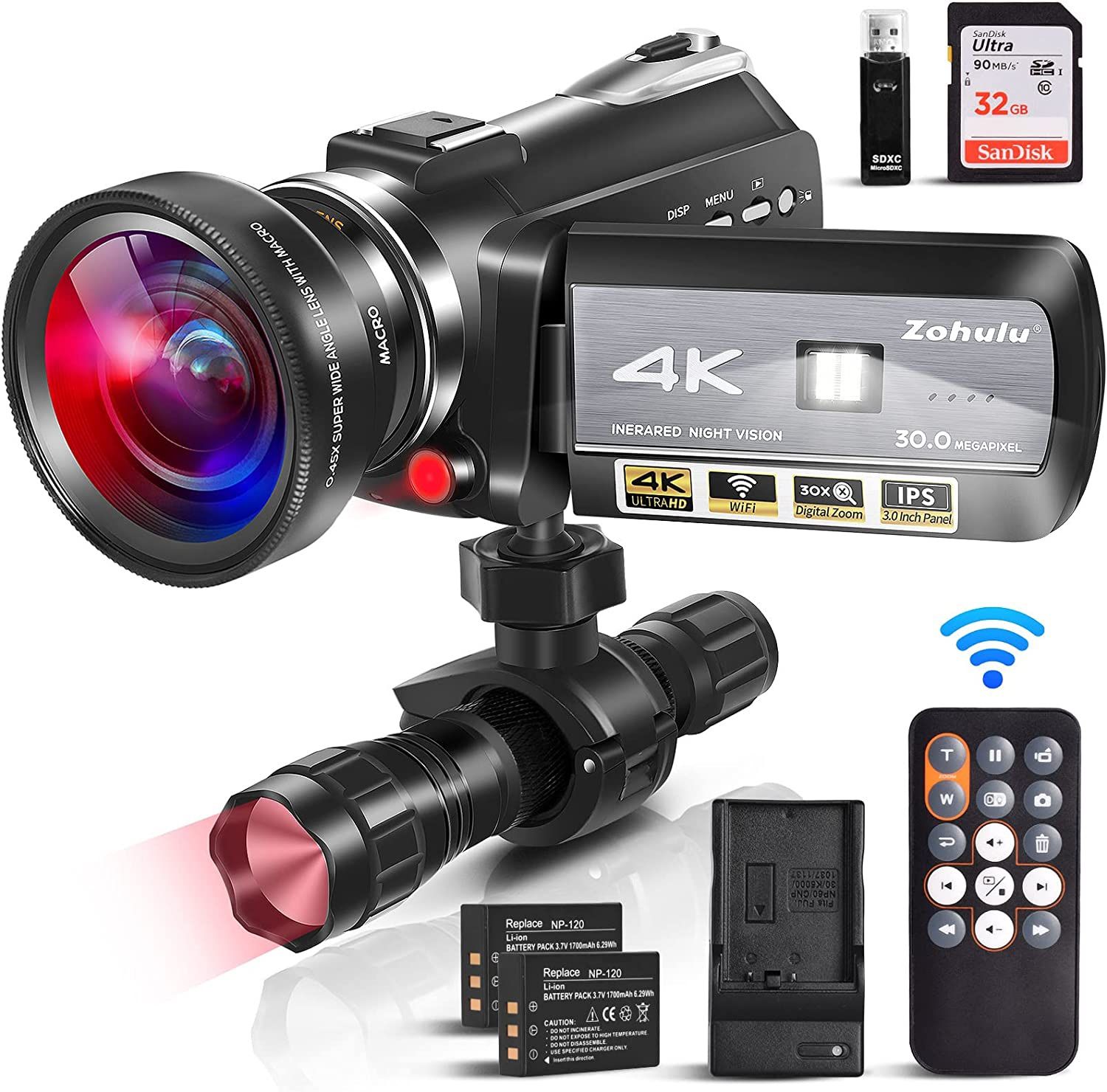 Video Camera, 4K WiFi Full Spectrum Camcorder, Ultra Infrared Night Vision Paranormal Investigation Camera with 60fps 30MP 30X Digital Zoom - Ghost Hu