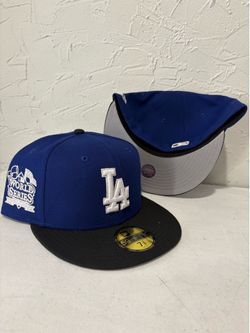 MLB mew era Los Angeles dodgers blue black brim 2025 World Series champs patch 59fifty fitted hats size 7 1/8  and 7 3/8