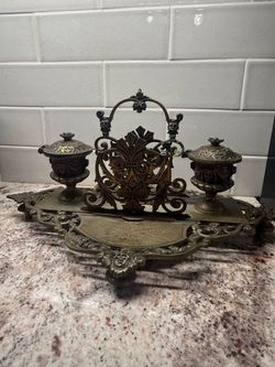 Antique Brass Double Inkwell Desk Set