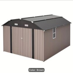 $680!!!  9.5’x11.61’x 66-87” (10’x12’)Brown Metal Storage Shed, WITH base, no FLOOR , No holding