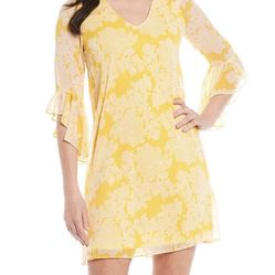 Calvin Klein Yellow Ruffle Sleeve V Neck Chiffon Dress Size 8