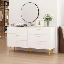 White 6-Drawers 47.2 in. W Dresser Accent Storage Cabinet Organizer Chest of Drawer With Metal Leg