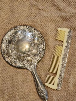 Vintage Silverplated Repousse Rose and Scroll Vanity Hand Mirror and Comb Set - Victorian Revival