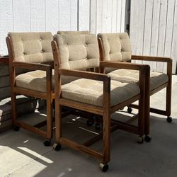 Vintage Mid Century Modern Tweed Rolling Dining Chairs on Caster Wheels Set of 4