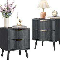 Black Fluted Nightstand with 2 Drawers, 18'' Wide Bedside Table for Bedroom, Modern Night Stand with Gold Metal Legs, Small Space End Table(Black, 2 P