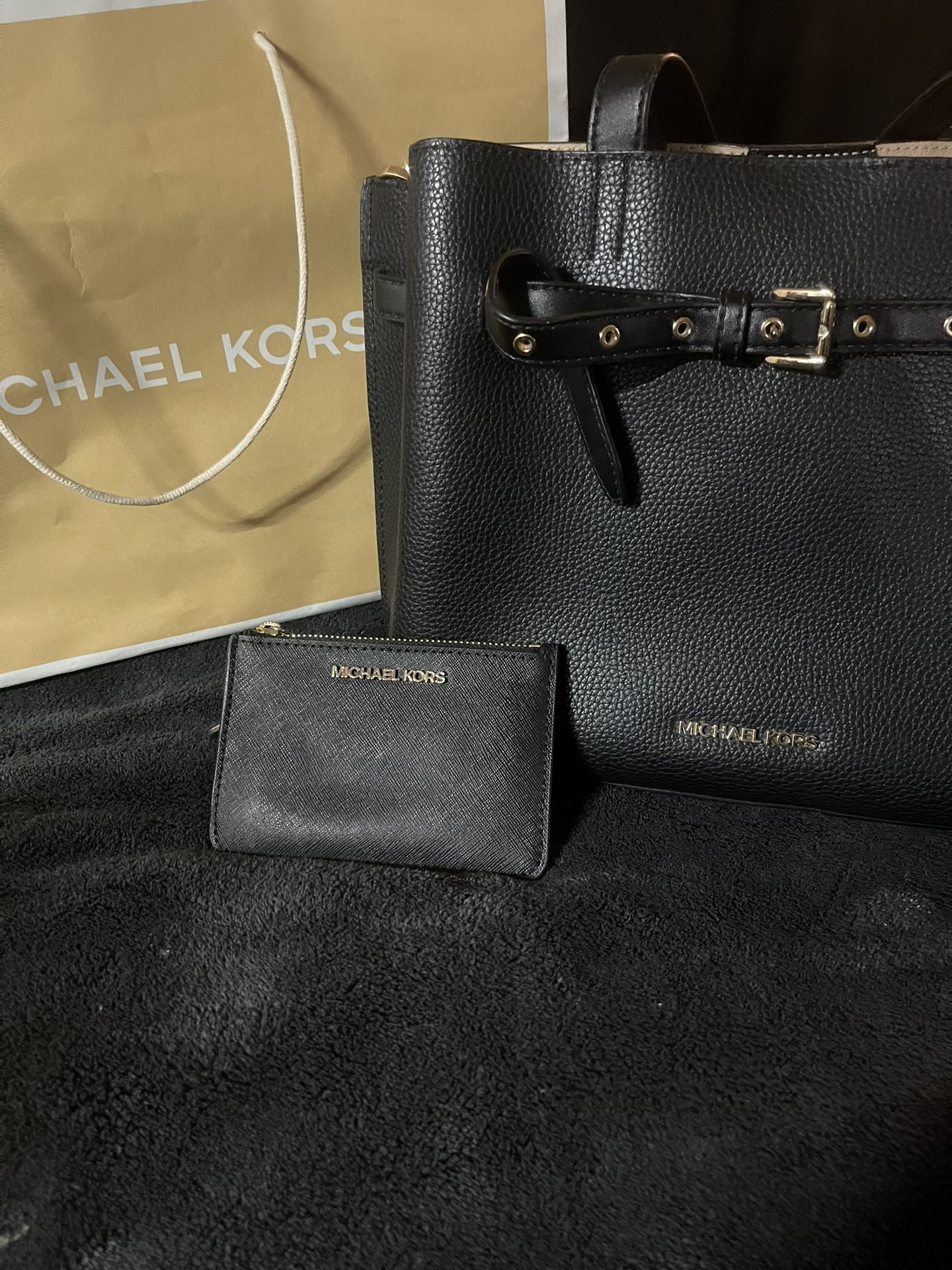 Michael Kors Black Leather Satchel / With Small Black Leather Wallet !!NEVER USED!!