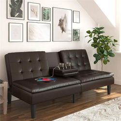 Mainstays Memory Foam Futon with Cupholder and USB, Dark Brown Faux Leather, New In The Box