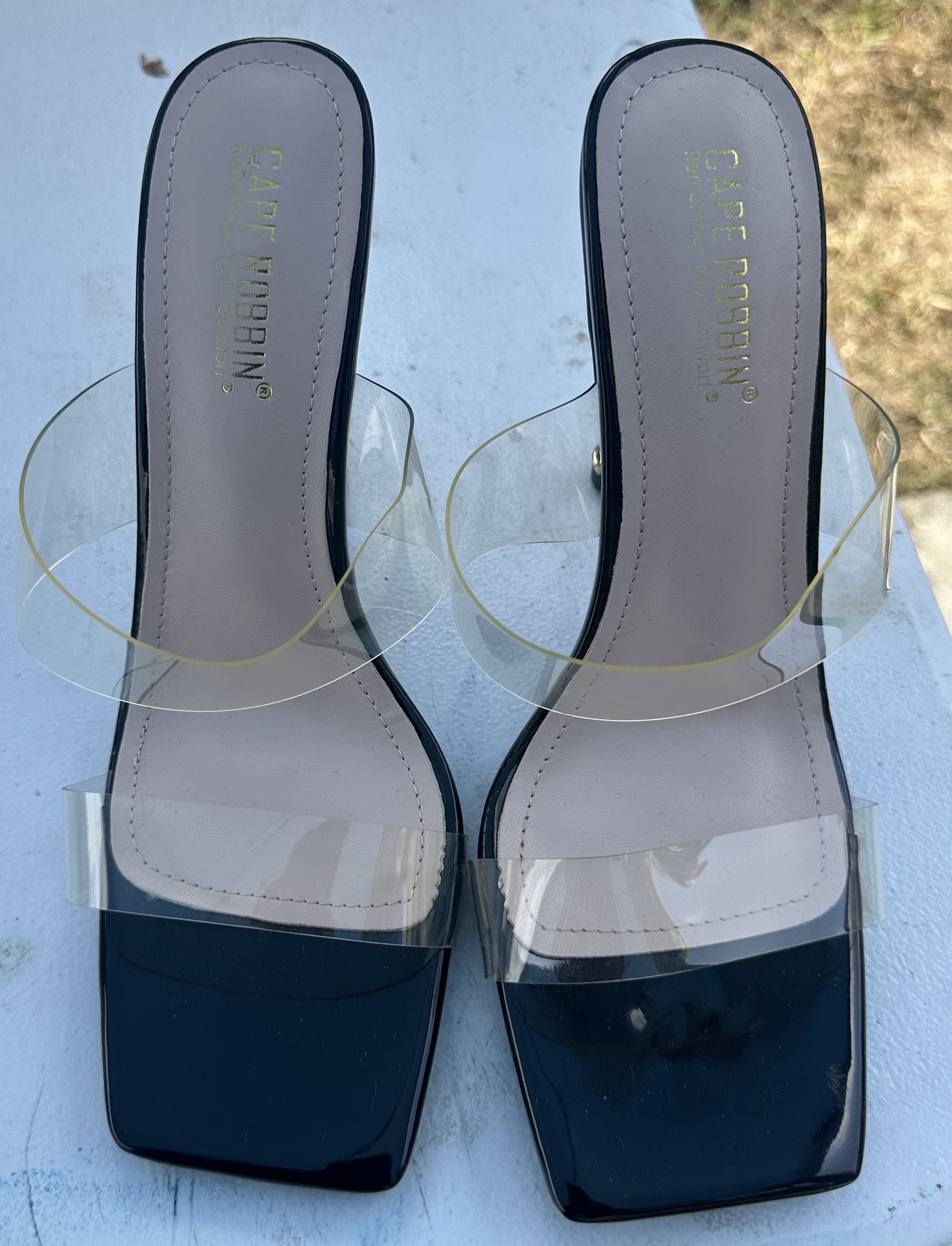 Clear Strap Black Slip On Heels
