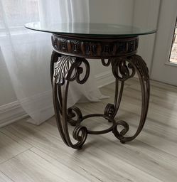 Ornate Wood and Metal Round Coffee Table and End Table Set