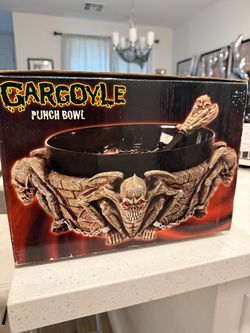 Vintage Spencer Gifts Gargoyle Punch Bowl Set with Skull Ladle in Box (2003)