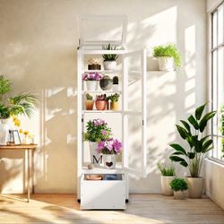 NEW White Wood Garden Greenhouse Balcony Portable Mini Cold Frame With Movable Storage Box, Adjustable Shelves And 1 Drawer