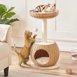 Rattan Cat Tree Cat House with Natural Sisal Scratching Post, Beige