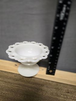Vintage White Milk Glass Pedestal Dish with Openwork Scalloped Rim